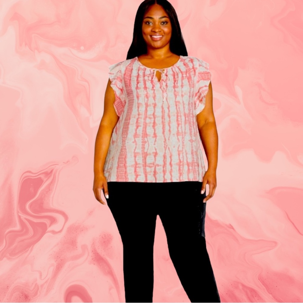 NWT-Trendy Coral Cloud Tie-Dye Print Flutter Sleeve Blouse Split Neckline w/Tie